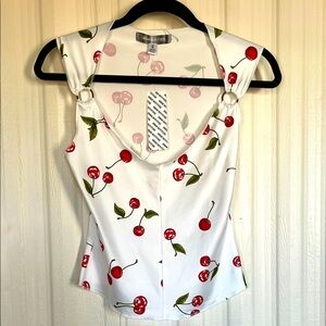 URBAN OUTFITTERS Cherry Print Scoop Neck White Sleeveless Top Womens M